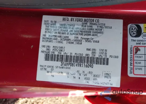 2009 Ford Fusion Sel из США, поврежденный, VIN 3FAHP08149R116090